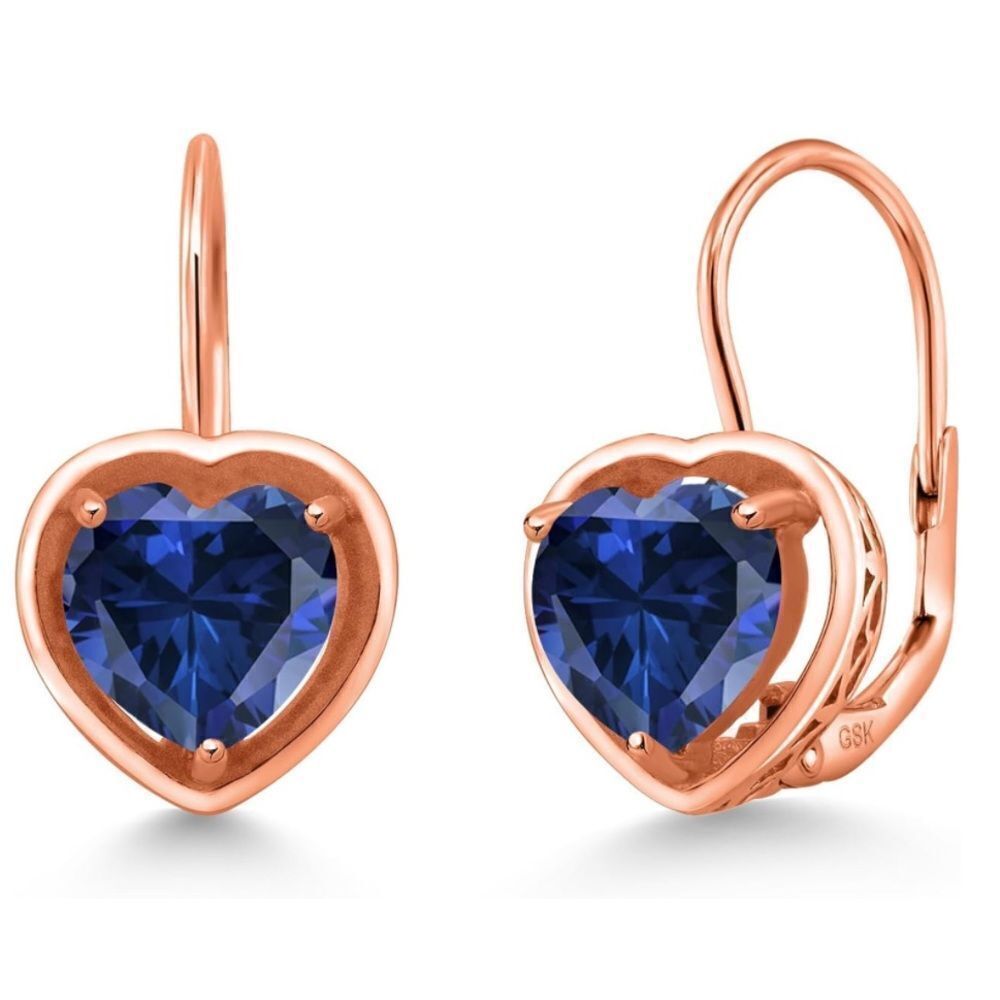 18K Rose Gold 925 with 2.20 Cttw 7MM Blue Sapphire Heart Leverback Drop Earrings